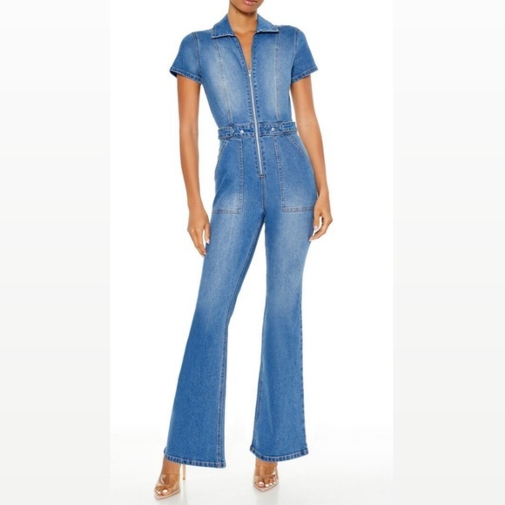Plus Size Denim Stretch Jumpsuit Flare Leg Short Sleeve 1XL